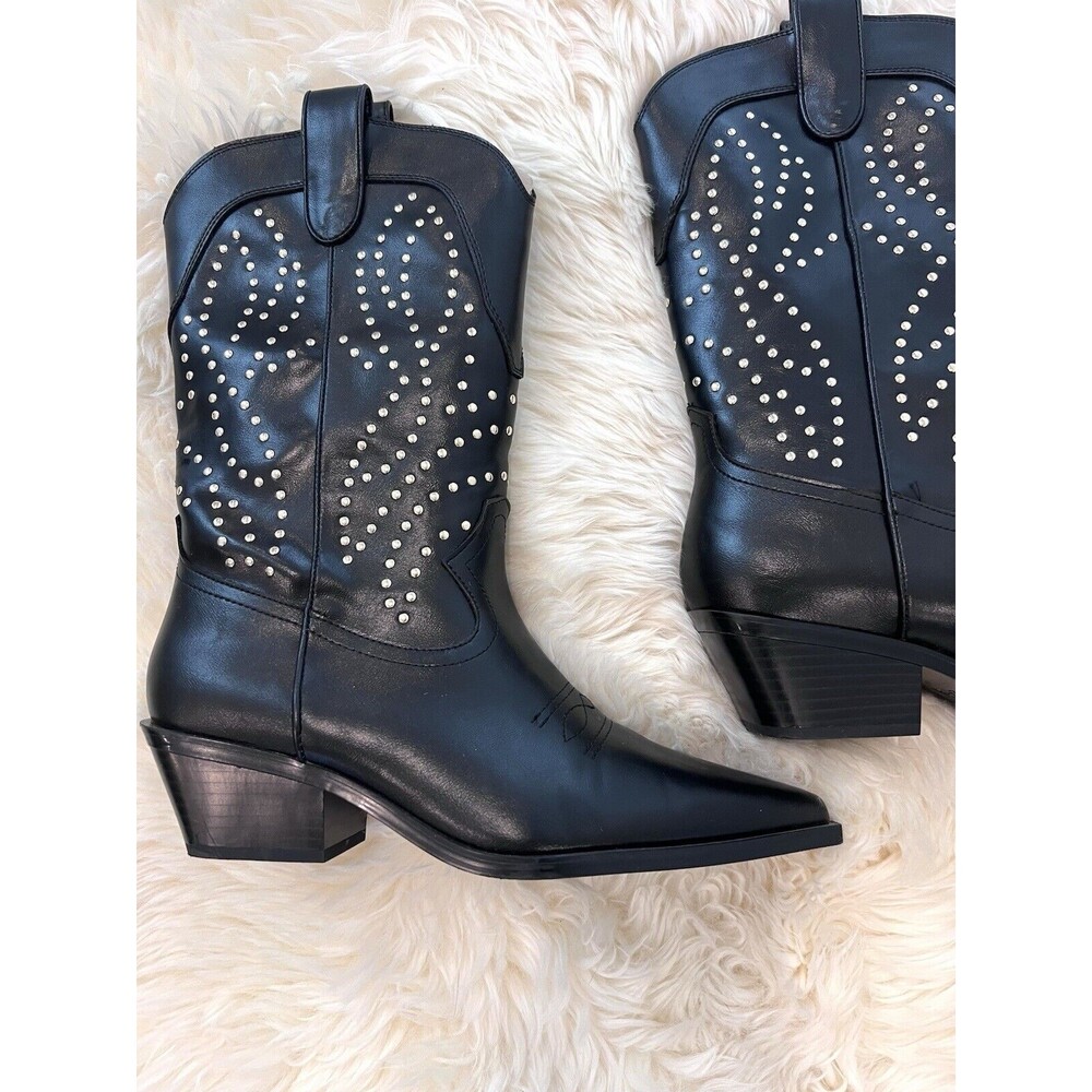 Zara Black faux Leather Studded Ankle Western Booties Size US 9  EUR 40 - Picture 5 of 13